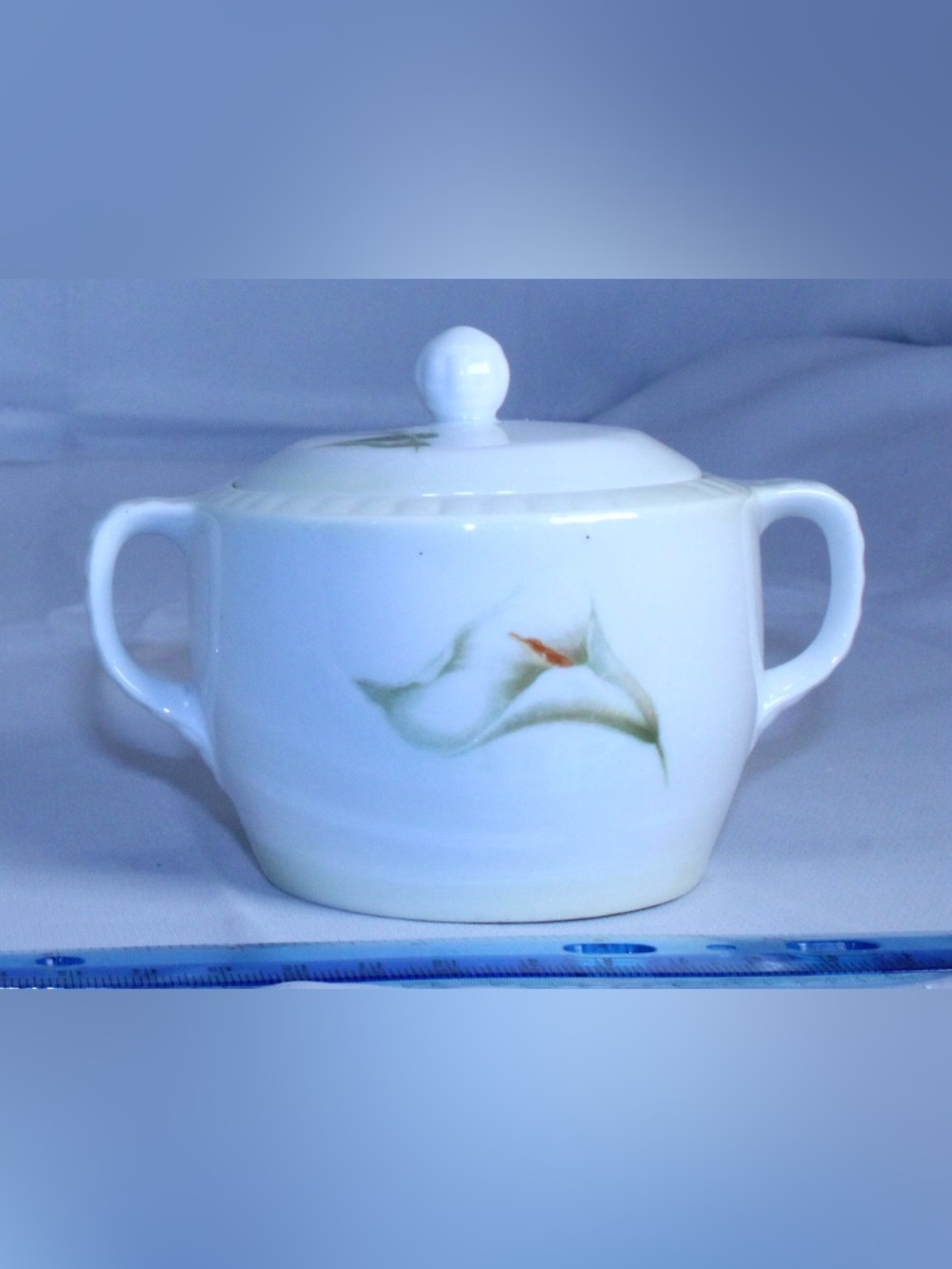 ANTIQUE White Porcelain Covered Sugar Bowl with Calla Lily GERMANY